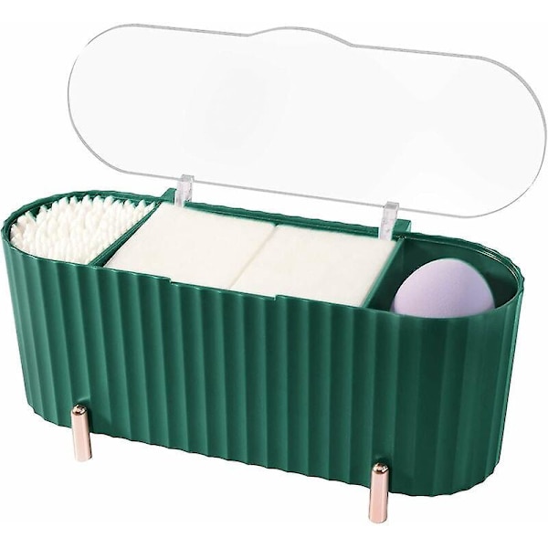 Bomuldspinne Organizer, Badeværelse Qtip Holder med låg, 3 Rum Opbevaringsboks