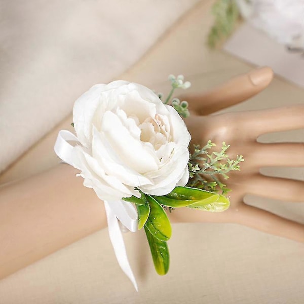 Hvid Rose Håndledsblomst, Bryllup Brude Håndledsblomst Kunstig Silke Rose Dekoration til Prom Fest Bryllup
