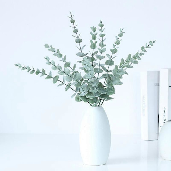 10 stilke kunstige eukalyptusblade stilke virkelig grå grønne taktile grene hjemmekontor kerne bryllupsbanket blomsterdekoration