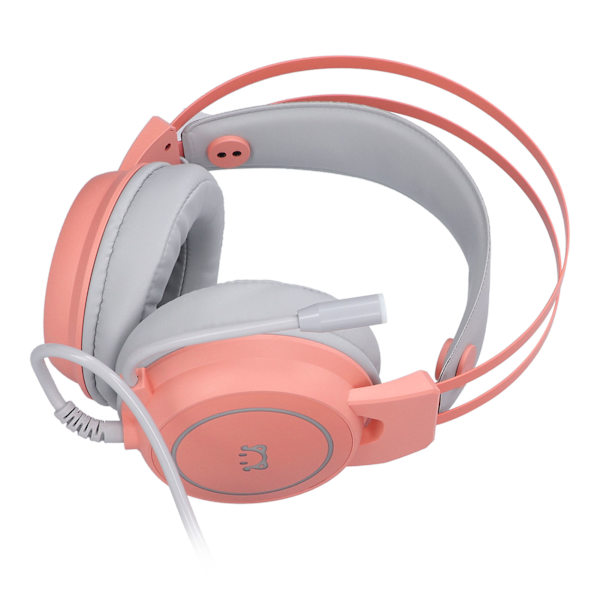 Headset för spel med huvudmontering, 50 mm högtalarenhet, stereo, 360° allround, böjbar hörlur, rosa
