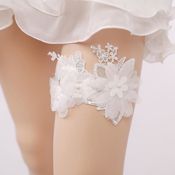 Hvit Blonder Bryllupsstrømpebånd med Perleblomster og Rhinestones Elastisk Bånd for Bryllup