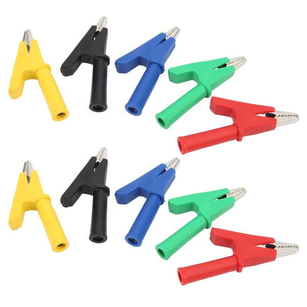 Krokodilleclips isoleret testklemme 4 mm jack 10 mm åbning Rød Sort Gul Blå Grøn 60049