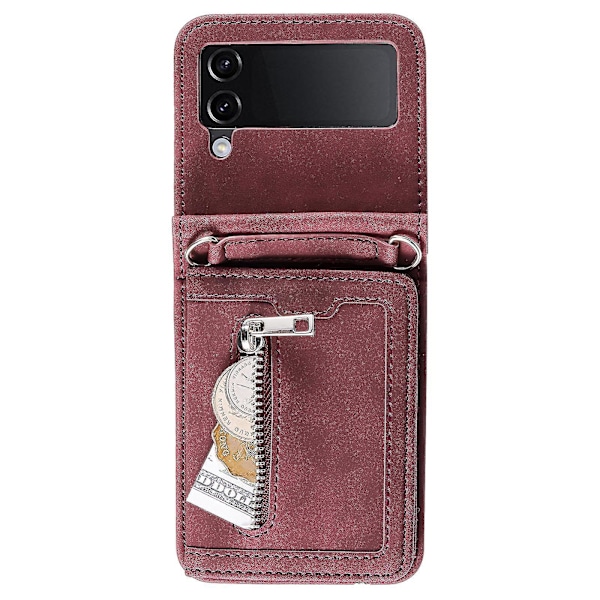 Til Samsung Galaxy Z Flip4 5g Etui Kortholder Pu Læder Støtteben Telefon Cover Med Håndrem-B6 Vinrød