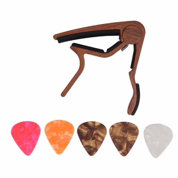 Capo Snabbfäste Strängklämma Tillbehörsset Kit med 5st Gitarrplektrum för Bas Banjo Mörkt Träfärg