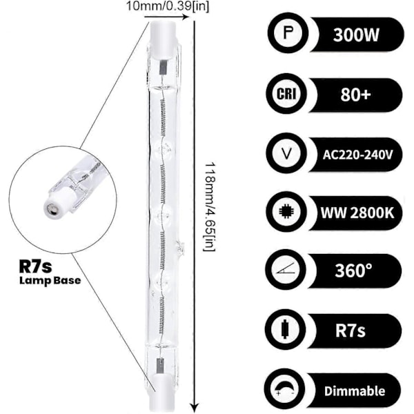 Himmennettävä R7S halogeenipolttimo (5 kpl, lämmin valkoinen 2800K)