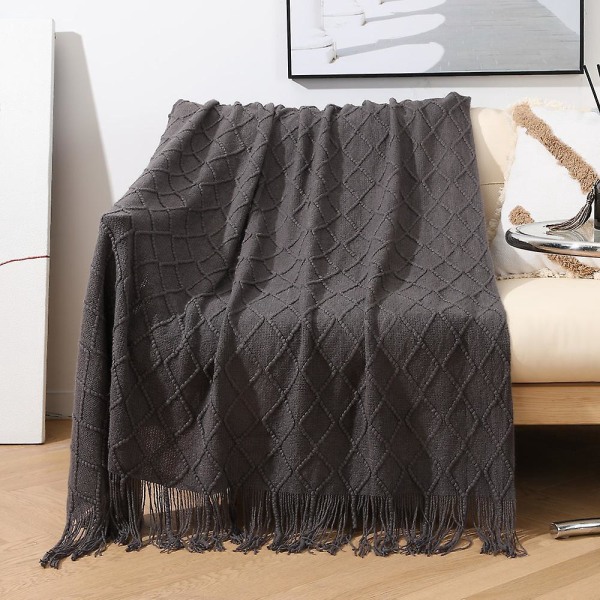Blødt dekorativt vævet plaid tæppe med frynser - let og alsidigt til rejser, søvn, seng, sofa - 127 x 180 cm - Helårsbrug