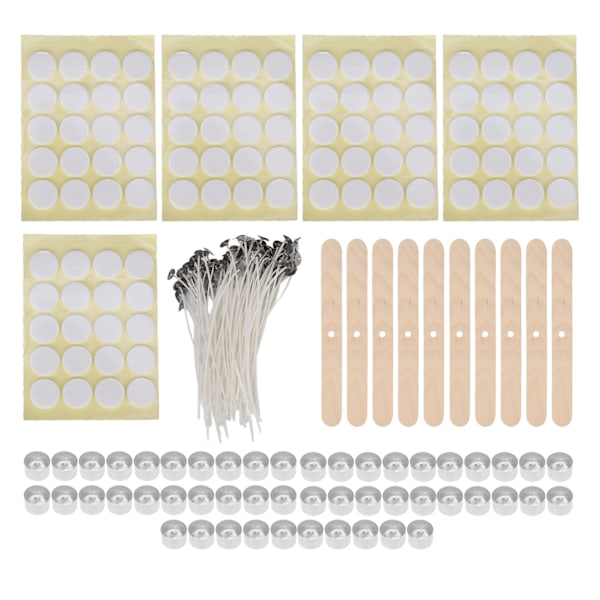 100Pcs 15cm Candle Wicks100Pcs Double Sided Wicks Stickers50Pcs Candle Shells10Pcs Wood Wicks Holders(23g Aluminum Shell Yellow Bottom Sticker)