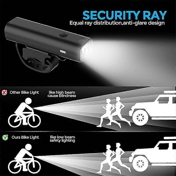 Sykkellyktsett (front- og baklyktsett), sykkellykt LED, 2 lysmoduser, USB-oppladbar, vanntett, 400 lumen