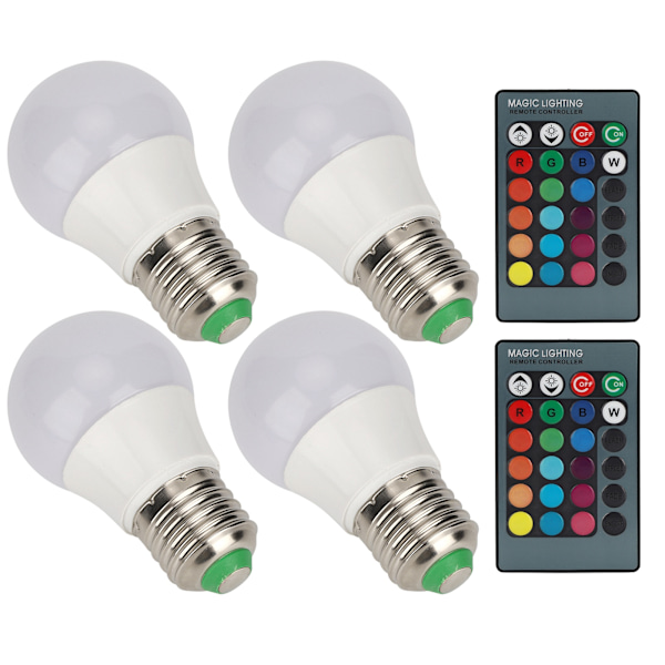 4 stk. E27 RGB LED-pærer Farverige dekorationslamper med 2 fjernbetjeninger 3W AC85-265V