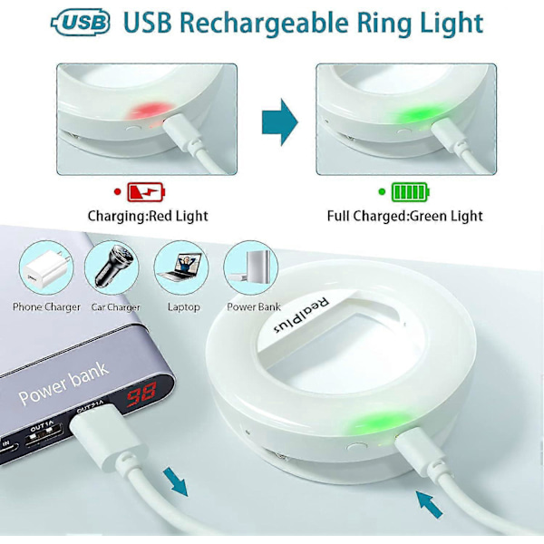 Selfie Ring Light, Clip-on Ring Light [Genopladelig] med 3 Farver & 40 LED'er, Dæmpbar Selfie Lys til Telefon, Tablet, Laptop, Zoom Møde