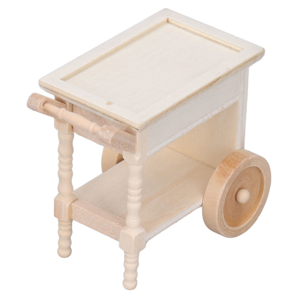 Mini spisevogn i træ, naturtro, umalet, retro-ornament, miniature madserveringsvogn til 1/12 dukkehus