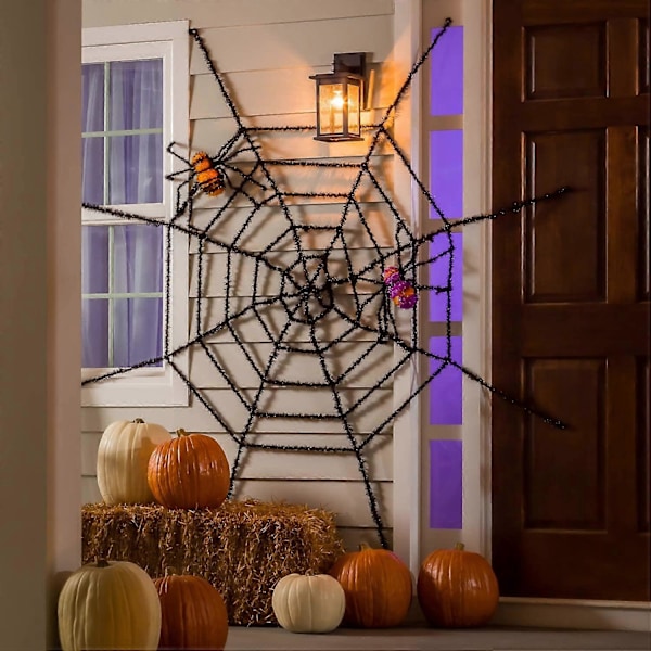 Kæmpe edderkoppespind og kæmpe edderkopper Halloween dekoration, uhyggelig udendørs dekoration til Halloween, hjemsøgte husdekorationer (2 pak)