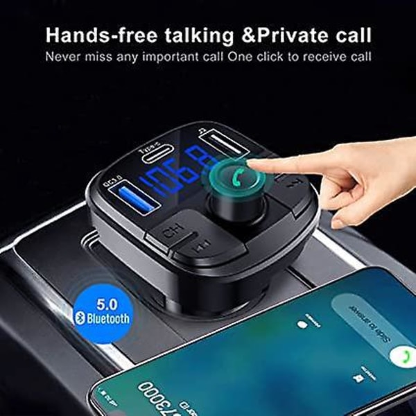 Bluetooth 5.0 FM-lähetin, handsfree-autosarja QC3.0 USB-portilla, auton o-sovitin tukee MP3-soitinta U-levyä TF-korttia värikkäällä valolla