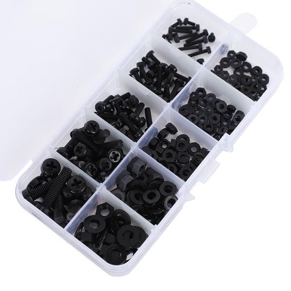 270 st/låda M2/M2.5/M3/M4/M5 Nylon Skruv Mutter Bricka Sortimentskit Hårdvara Fästelement Svart