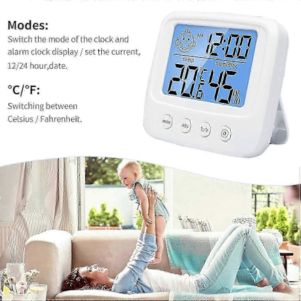 2 stk. Hygrometer Indendørs Digitalt Termometer og Fugtighedsmåler med 12/24 Timers Alarm, Rumtermometer med Temperatur Fugtighedsmonitor, Baggrundsbelysning, Cl