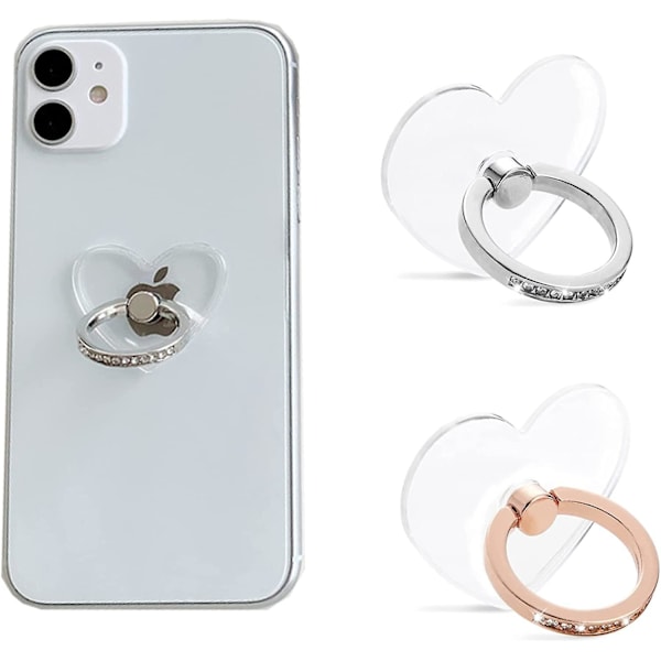 Cell Phone Ring Holder - 2 Pack, 360 Degree Rotation Heart Shape with Diamond - Universal Phone Stand for Mobile Smartphones (Silver + Rose)