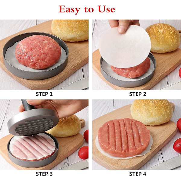 Hamburgare köttfärspress, 1/4 till 1/3 LB köttfärs, aluminium non-stick hamburgare köttfärspress, 100 ark vaxpapper och 20 plasthandskar
