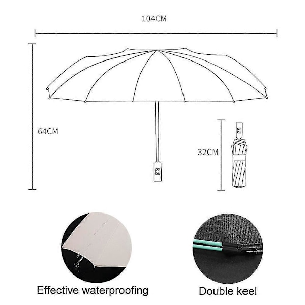 Trefoldig Automatisk Foldbar Paraply Til Regn Og Sol, Lavet Af Vinyl, Fiber, Stål Og Gummi