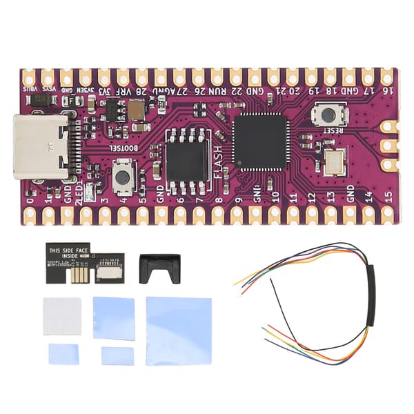 RasPi-levylle, jossa on kaksiytiminen 264KB ARM Cortex M0+ -prosessori, joustava mikrokontrollerilevy SD2SP2 SDLoad SDL -sovittimella, musta