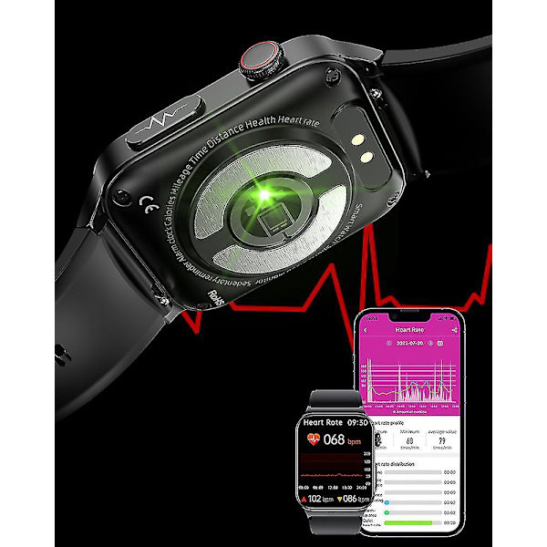 Blodsukker Smart Watch 2023 EKG Blodtryksmåler Sundhedsmonitor Fitness Tracker IP68 Vandtæt Smartwatch til Mænd og Kvinder Silicagel Sort