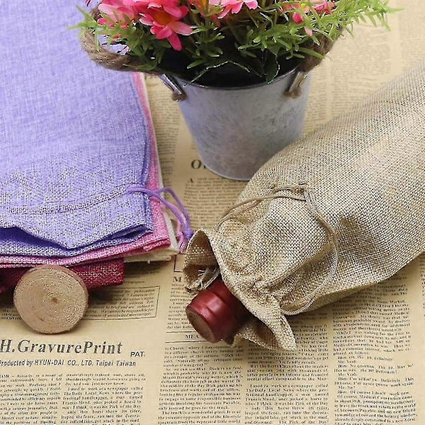 10 stk. Jute Vinposer, 35,5 x 16 cm Hessian Vinflaske Gaveposer med Snøre, 5 Farver