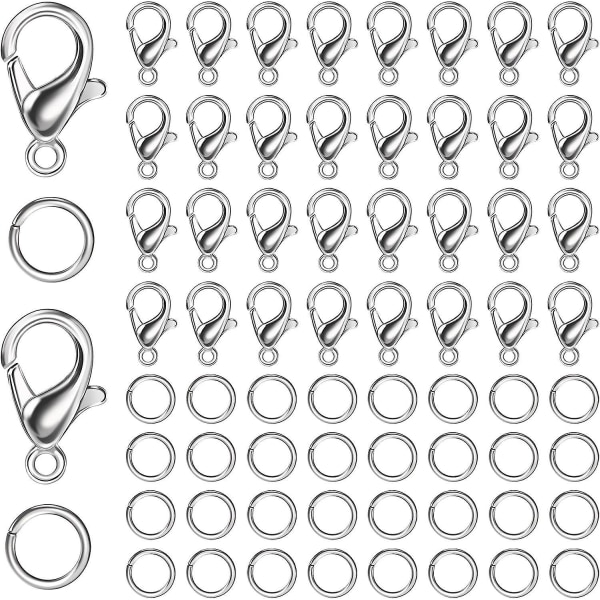 Sølvfarvet armbåndsspændesæt - 100 hummerklolåse og 240 åbne springringe til smykkefremstilling