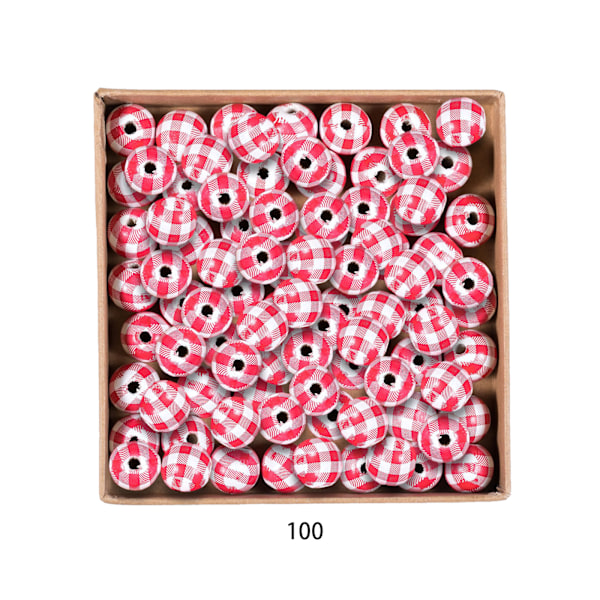 100pcs Wood Beads White Red Plaid Pattern Delicate Round Space Beads 16mm