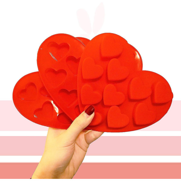 3-delt hjerteformede silikonechokoladeforme, non-stick bradepander til kager, slik, gummidråber, gelé, muffins og cupcakes - rød