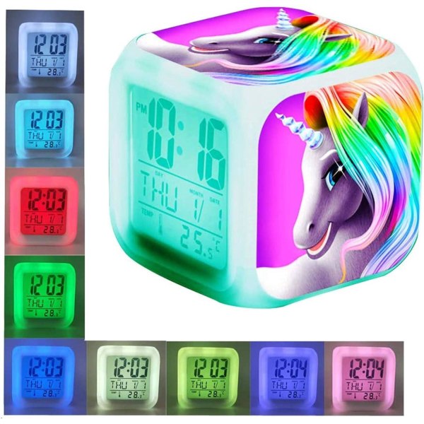 Four Square Digital Unicorn Alarm Clock - 3# Unicorn med LED, lysende gave til barn, gutter og jenter
