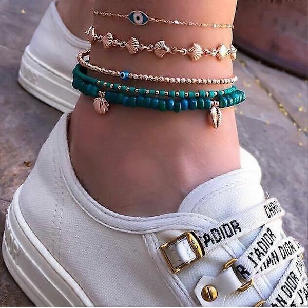 Simsly 5 Stk. Boho Ankelkæder Sæt Strand Perler Ankelkæder Legering Skal Ankelkæder Ris Perler Ankel Ondt øje p