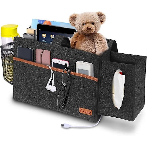 Sängorganisatör väska filt sänghylla med tissuebox och flaskhållare halkfri soffförvaringsväska för bok, tidningar, iPad, mobiltelefon, fjärrkontroll