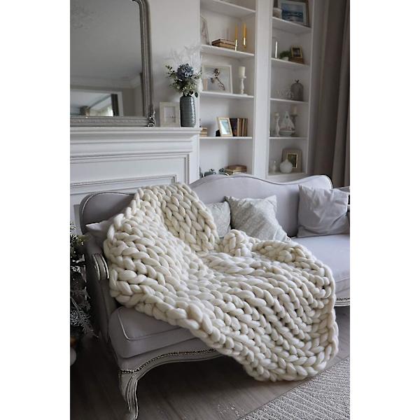 Tyk Hvid Merinould Strikket Tæppe - Boho Hjemmeindretning 100x100cm