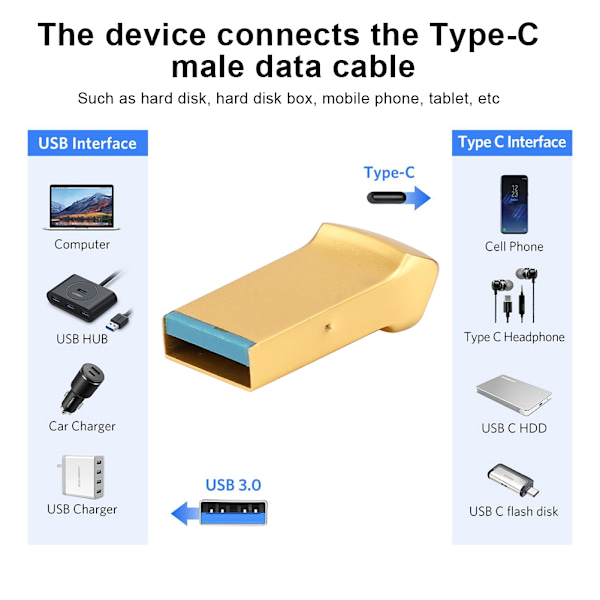 USB 3.0 til Type-C Adapter Bærbar Opladerkonverter til Smartphone Tablet Harddisk (Guld)