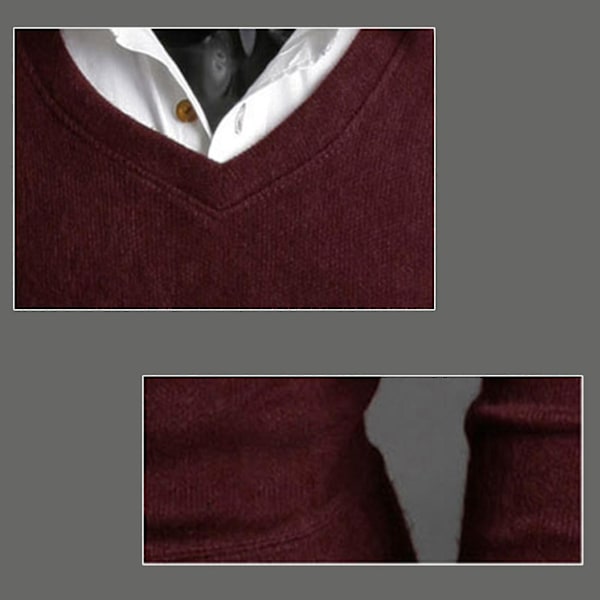 Enkel V-ringad stickad tröja - Herr långärmad pullover L vinröd