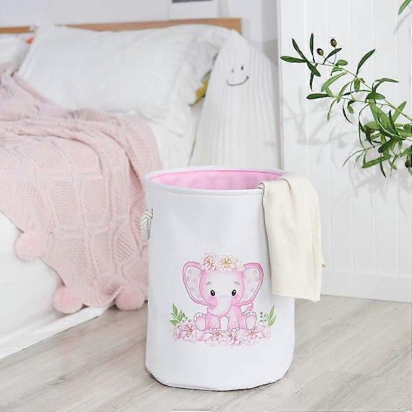 Kleskurver Rosa Klesvask Kurv Elefant Kurv for Barn, Baby Klesvask Kurv, Stor Sammenleggbar Klesvask Kurv med Håndtak Vanntett Rundt Linstoff Oppbevaring