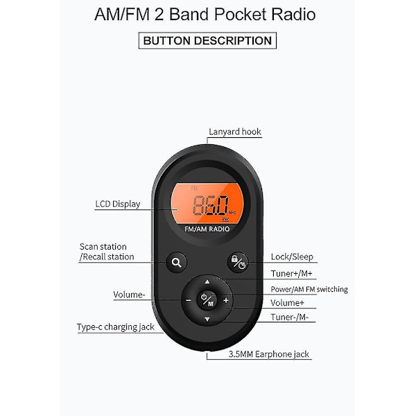 Mini FM/AM Radio Bærbar Lomme 76-108MHz Genopladelig Radiomodtager Med LCD Display Baggrundsbelysning L-DT