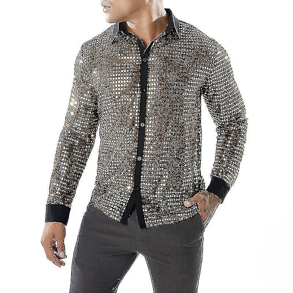Disco-dansskjorte for menn - skinnende paljettmesh-topp 2XL gull