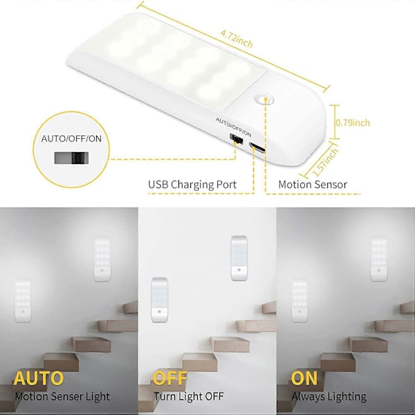 Automatisk Lys, Bærbar Bevegelsessensor Lys, 3 Modus Nattlys 12 LED USB Oppladbar med Magnetisk Klistremerke Varmt Lys for Garderobe/Gang/Trapp