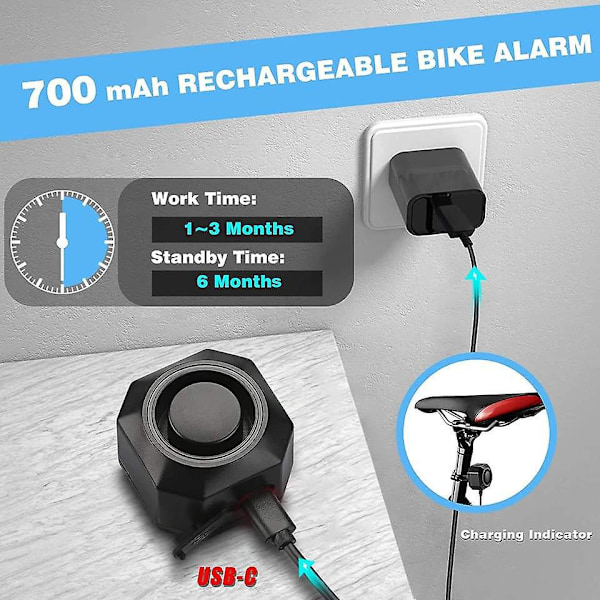Vandafvisende cykelalarm med fjernbetjening og vibration til motorcykel, cykel, dør - 113db høj lydstyrke, justerbart sikkerhedssystem