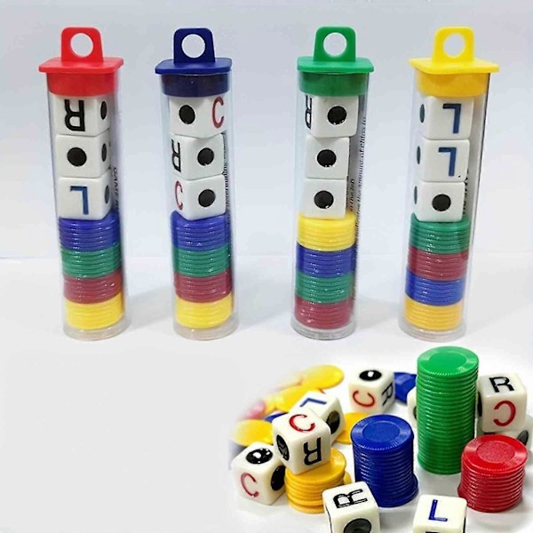 L C R Left Center Right Terningespil L R C Etui m/ Chips & Terninger Brætspil Legetøj, 100% Ny gul