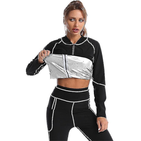 Slimming Sauna Sweat Suits for Women - Waist Trainer Body Shaper Jacket L Black Silver Set