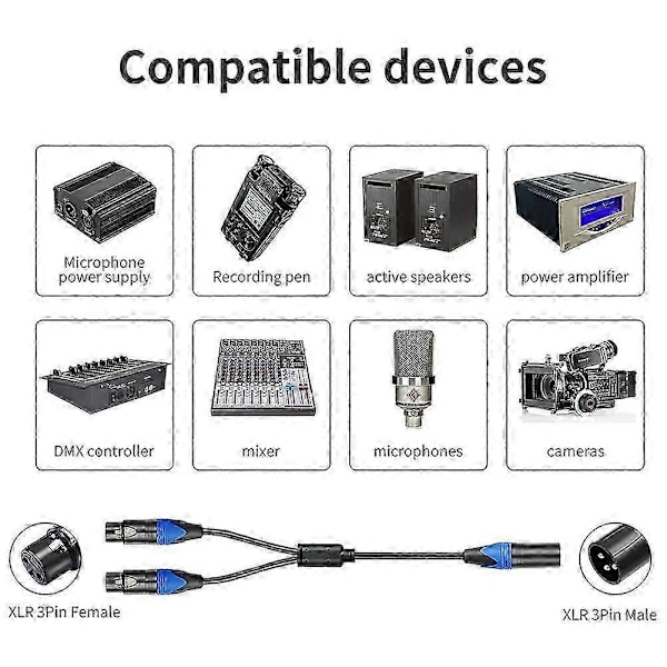 50cm XLR Splitter Kabel 1 XLR Hun til 2 XLR Han XLR Y Splitter Kabel Mikrofon Splitter Ledning fo
