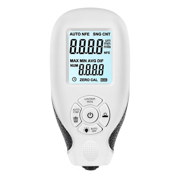 Beleggtykkelsesmåler, bilmalingdybdemåler med LCD-skjerm, automatisk kalibrering, bærbar beleggtykkelsesmåler (hvit)