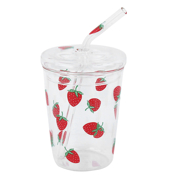 Heat resisting Clear Strawberry Pattern Coffee Juice Drinking Water Glass Cup with Straw Lid