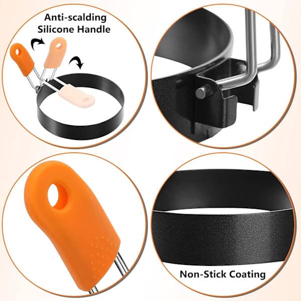6 Pcs Professional Egg Rings Pancake Ring Set Stainless Steel Fried Egg Ring Griddle Pancake Shaper with Silicone Handle for Breakfast