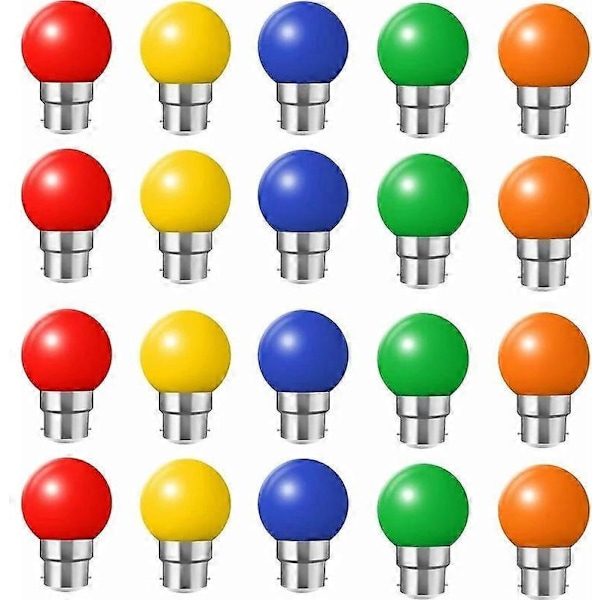 Parti med 20 färgade LED-lampor b22 bajonettlampor 2w Röd, Gul, Orange, Grön, Blå, Okrossbara (20W motsvarighet)