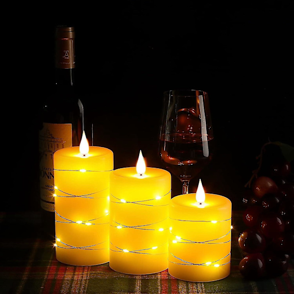 Flamlösa LED-ljus med ljusslingor - Set om 3, fjärrkontroll och timerfunktion