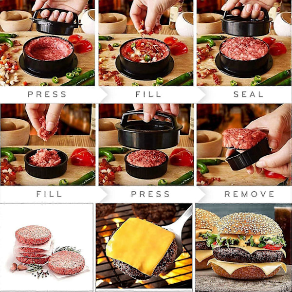 3-i-1 Hamburgerpress, Fylld Hamburgerpress med 200 Hamburgerpapper för Non-stick Barbecue