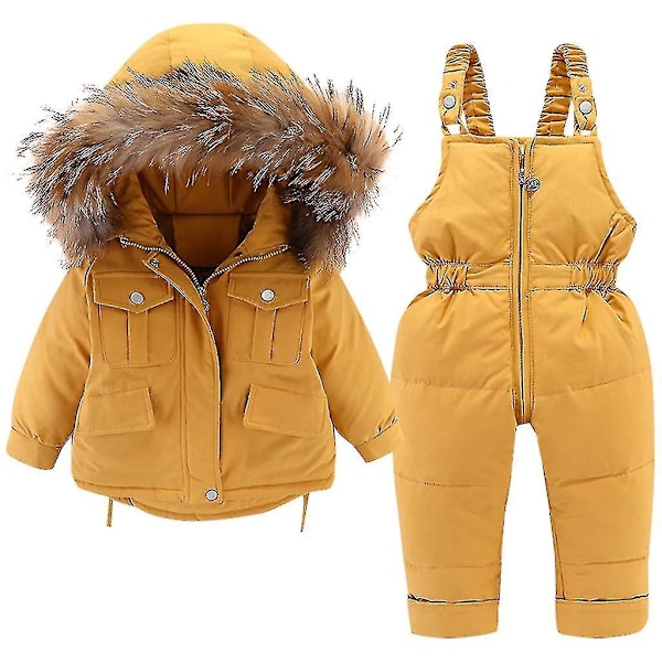 Kids Winter Ski Suit Set - Yellow Down Jacket and Pants, Boys Girls Hooded Coat 80cm