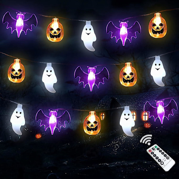 Batteridrevne LED Halloween-lyslenker - 3D Gresskar, Flaggermus og Spøkelseslys med Timer - 8 Lysmoduser Innendørs Halloween-dekorasjoner